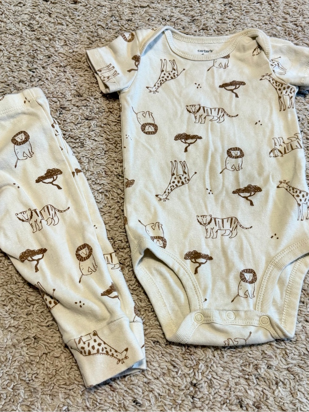 Carter's Cream Bodysuit and Pants with Brown Safari Animals